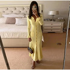 Knit Ribbed Long Dress For Women Slim Fit Flare Sleeves With Pockets