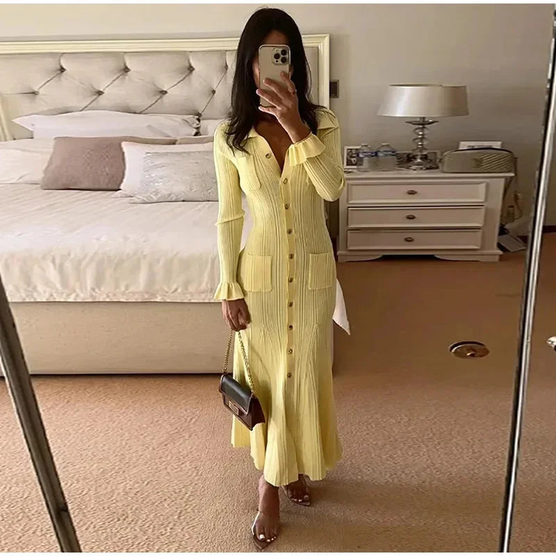 Knit Ribbed Long Dress For Women Slim Fit Flare Sleeves With Pockets