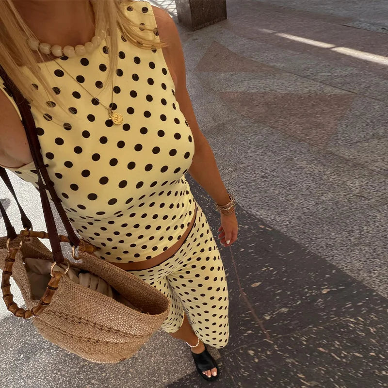 Retro Yellow Polka Dot Open Back Sleeveless Top And Capri Pants Set High Waist