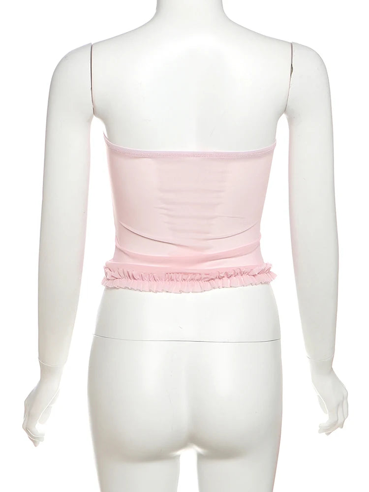 See Through Patchwork Strapless Top With Fishbone Detail Backless Fashion