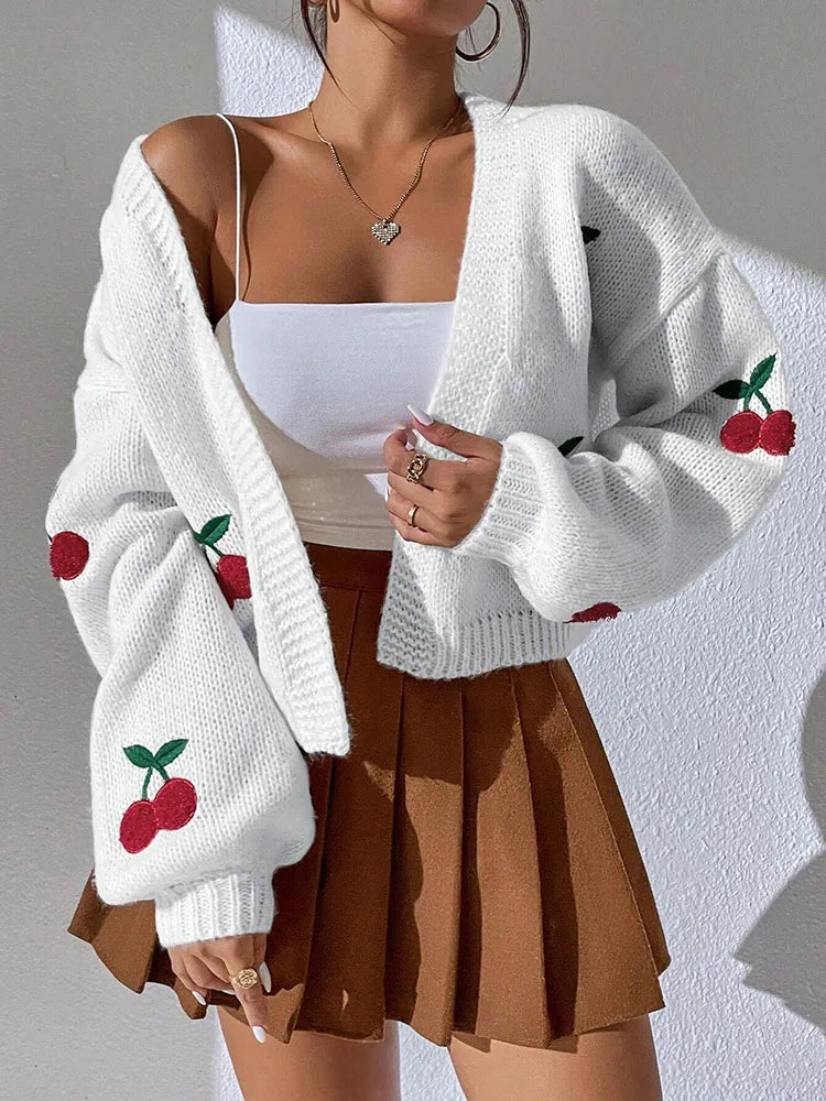 Cozy Cherry Embroidered Off Shoulder Cardigan For Women Loose Knit Jacket Sweater