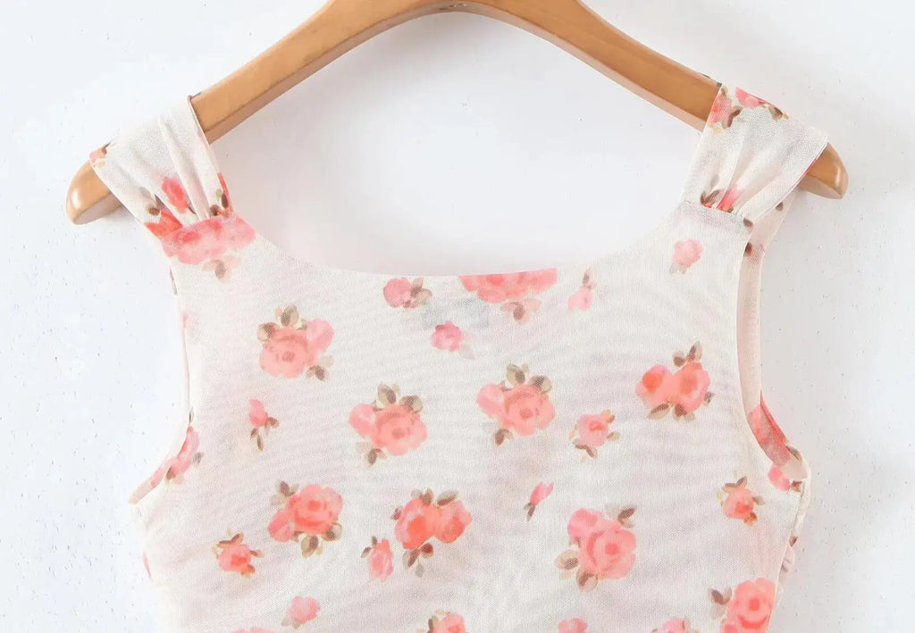 Apricot Floral Mesh Tank Top With V Neck And Ruched Corset Silhouette Sleeveless Crop Cami