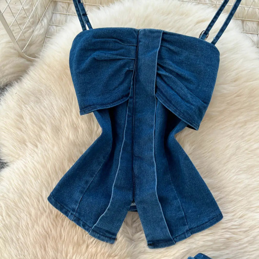 Denim Inspired Two Piece Set Strapless Top And High Waist Wide Leg Pants With Zipper