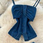 Denim Inspired Two Piece Set Strapless Top And High Waist Wide Leg Pants With Zipper