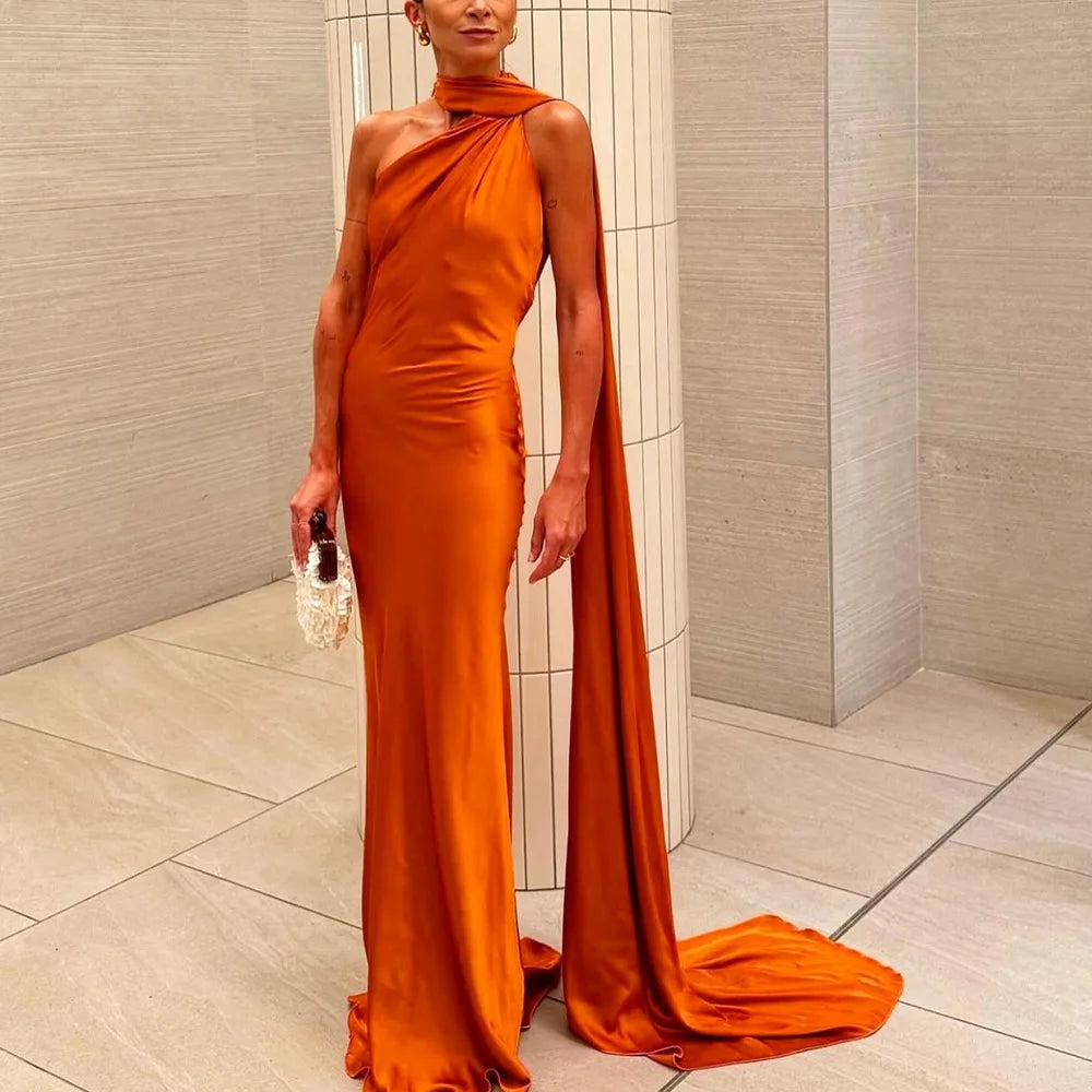 Elegant Silk Satin Halter Maxi Dress Backless Ribbon Tie Evening Gown
