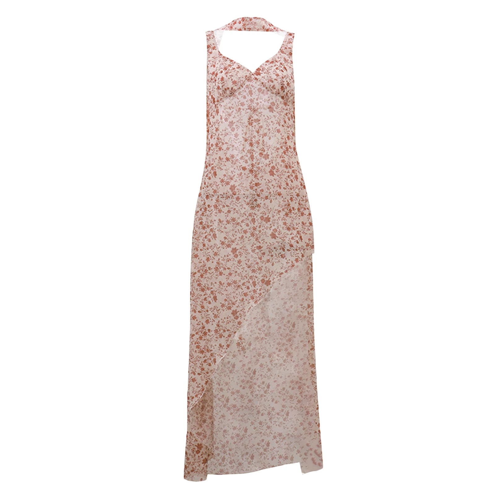 Flirty Florals Halter Maxi Dress With High Slit Backless Tie Neck And Scarf