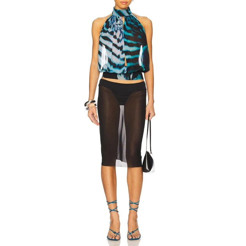 Gradient Print Halter Crop Top Open Back Sleeveless