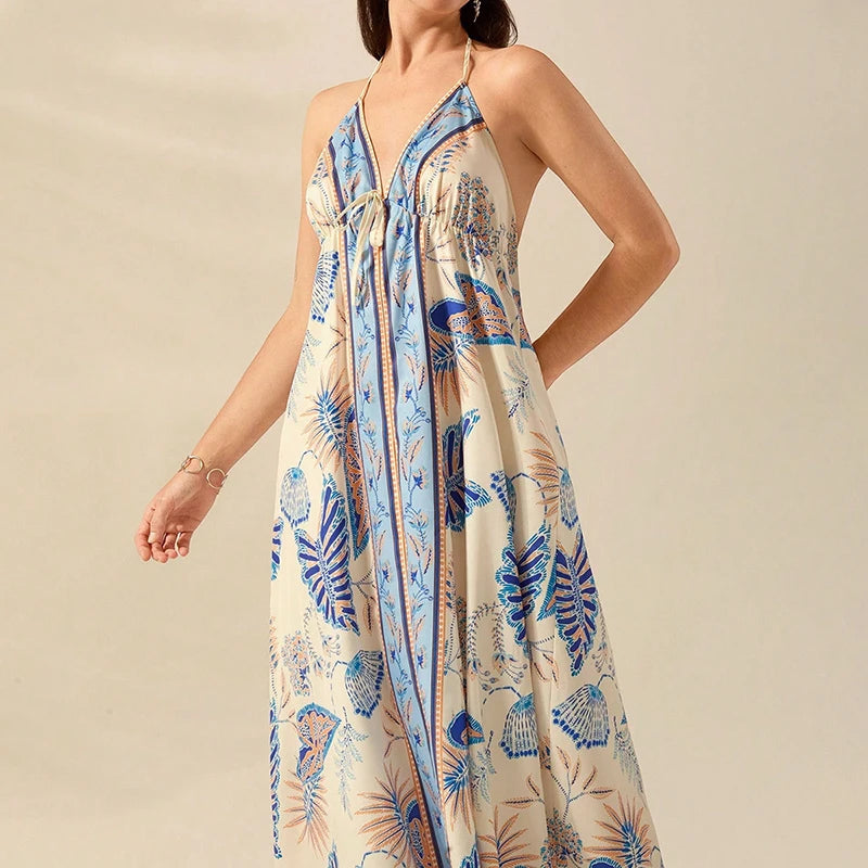 Boho Chic Patterned Suspender Dress With Backless V Neck Pleated Beach Maxi