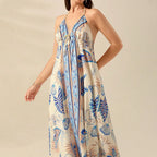 Boho Chic Patterned Suspender Dress With Backless V Neck Pleated Beach Maxi