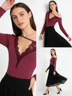 Soft Cotton Long Sleeve Lace Trim V Neck Top Feminine Style