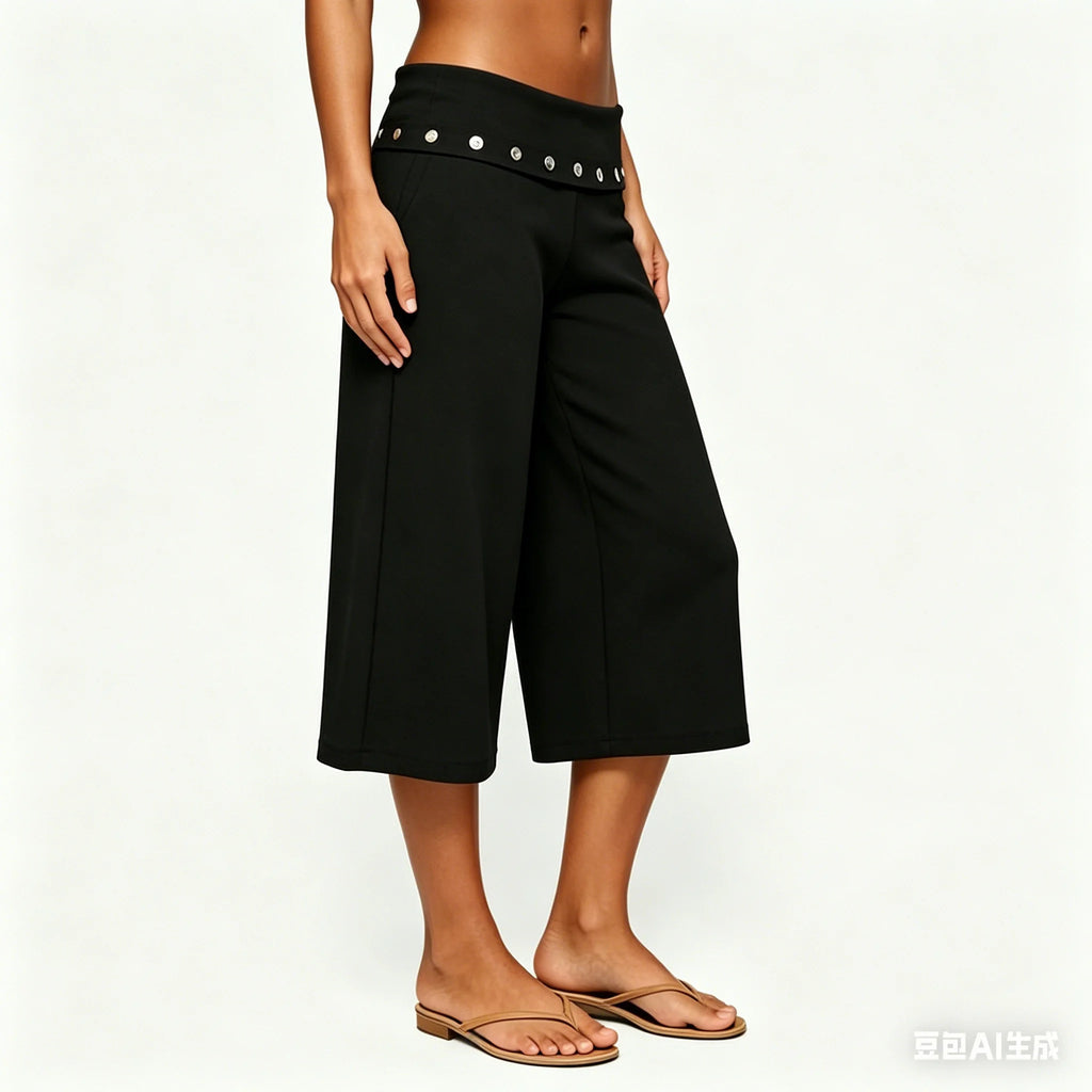 Fold Over Rivet Capri Women With Low Rise Knee Length Stretch Pants