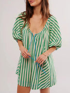 Y2k Rompers Sexy Loose Puff Sleeve V Neck Striped Jumpsuits Shorts Overalls Dress