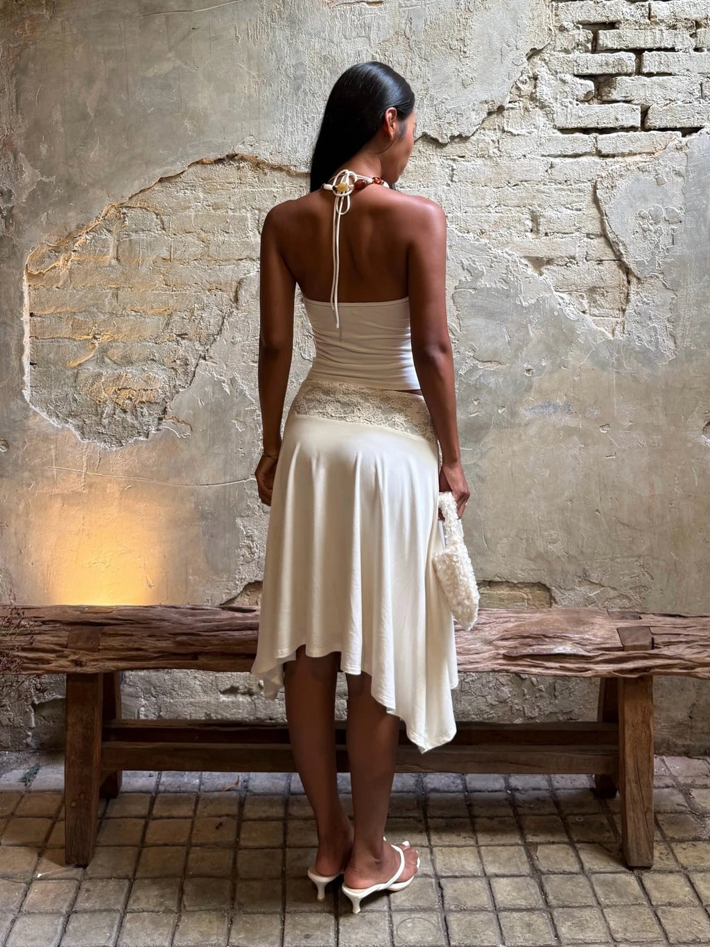 White Lace Patchwork Halter Set With Tank Top And A Line Skirt