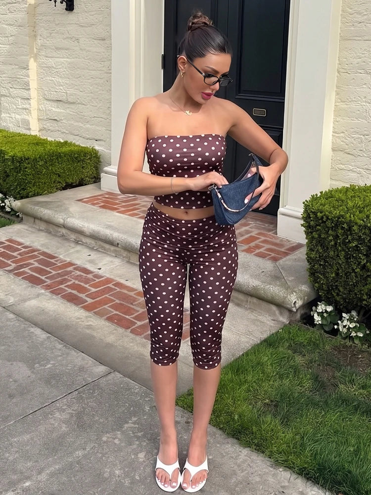 Brown Polka Dot Two-piece Set With Backless Wrap Top And Capri Shorts