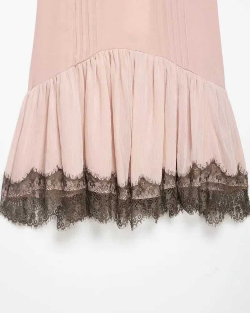 Pink Lace Trim Spaghetti Strap Mini Dress With V Neck Flirty Slip On