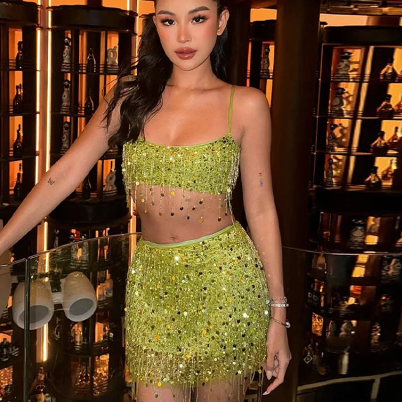 Beaded Sequin Two Piece Set Sleeveless Backless Crop Top And Mini Skirt Glam Outfit