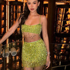 Beaded Sequin Two Piece Set Sleeveless Backless Crop Top And Mini Skirt Glam Outfit