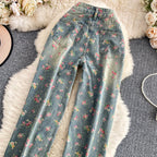 Floral Dream Denim Pants With Wide Leg Silhouette And High Waist