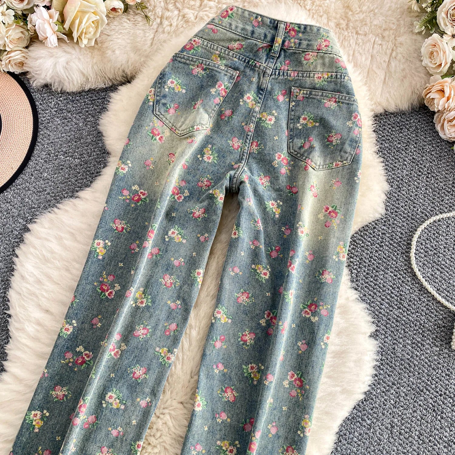 Floral Dream Denim Pants With Wide Leg Silhouette And High Waist