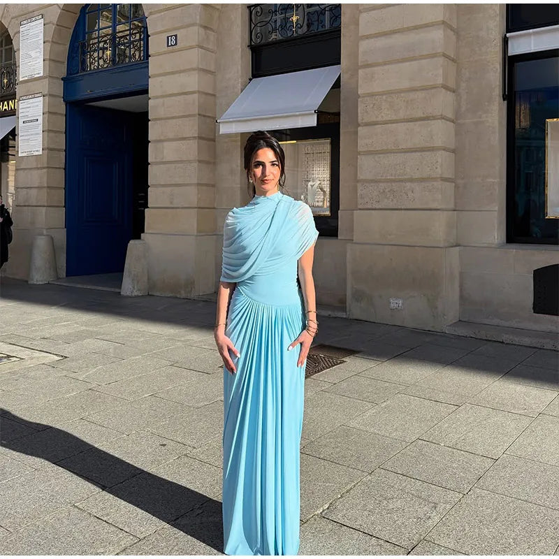Blue Irregular Shawl Maxi Dress Slim Fit Pleated Turtleneck Elegant Evening