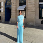 Blue Irregular Shawl Maxi Dress Slim Fit Pleated Turtleneck Elegant Evening