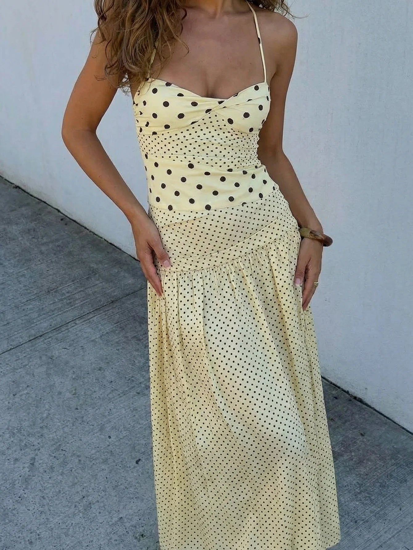 Backless Lace Up Polka Dot Maxi Dress