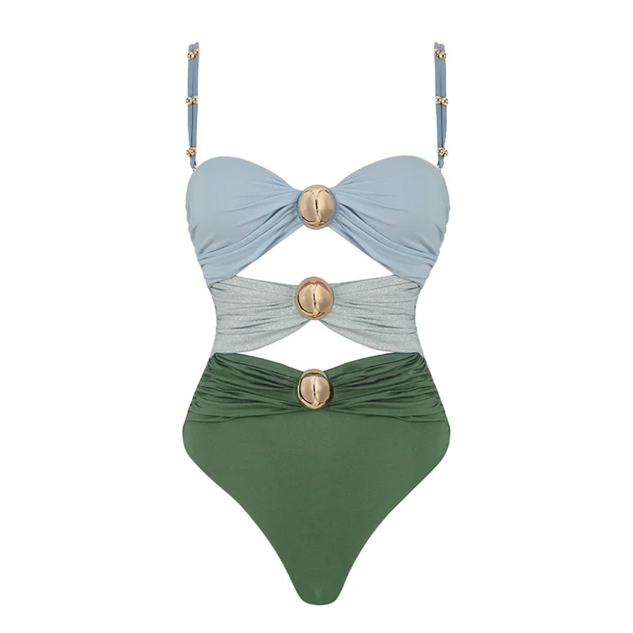 Off Shoulder Patchwork Belted One Piece Swimsuit With Cover Up for Beachside
