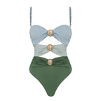 Off Shoulder Patchwork Belted One Piece Swimsuit With Cover Up for Beachside