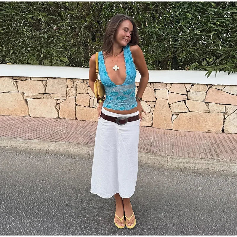 Sequin V-Neck Lace Top Ruffle Skirt Set Slim Fit Sleeveless Sheer
