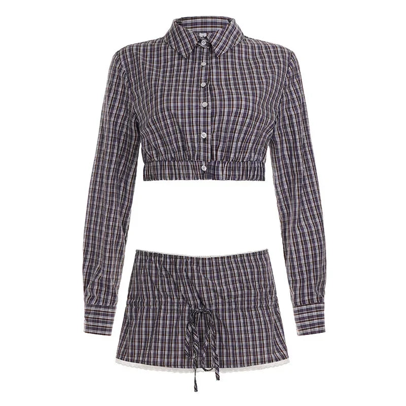 Plaid Streetwear Set With Cropped Shirt And Mini Skirt