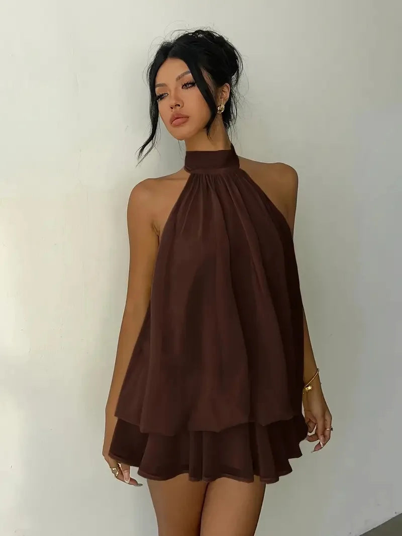 Women's Halter Neck Chiffon Mini Dress - Backless Tie-Front