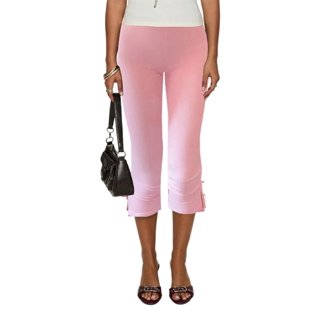 Bow Detail Cropped Capri Pants For Summer Slim Fit With Elastic Waist Solid Stretch