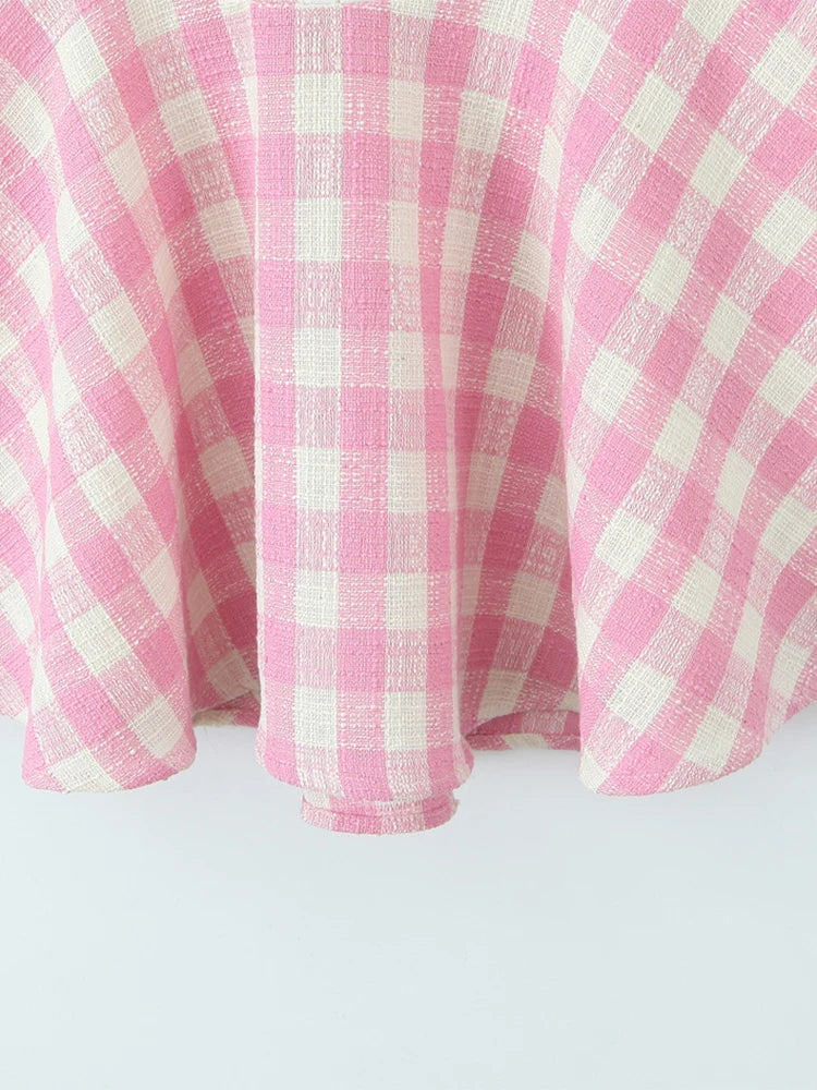 Sweet Plaid Sleeveless Backless Vintage Mini Dress With Halter Neck Slim