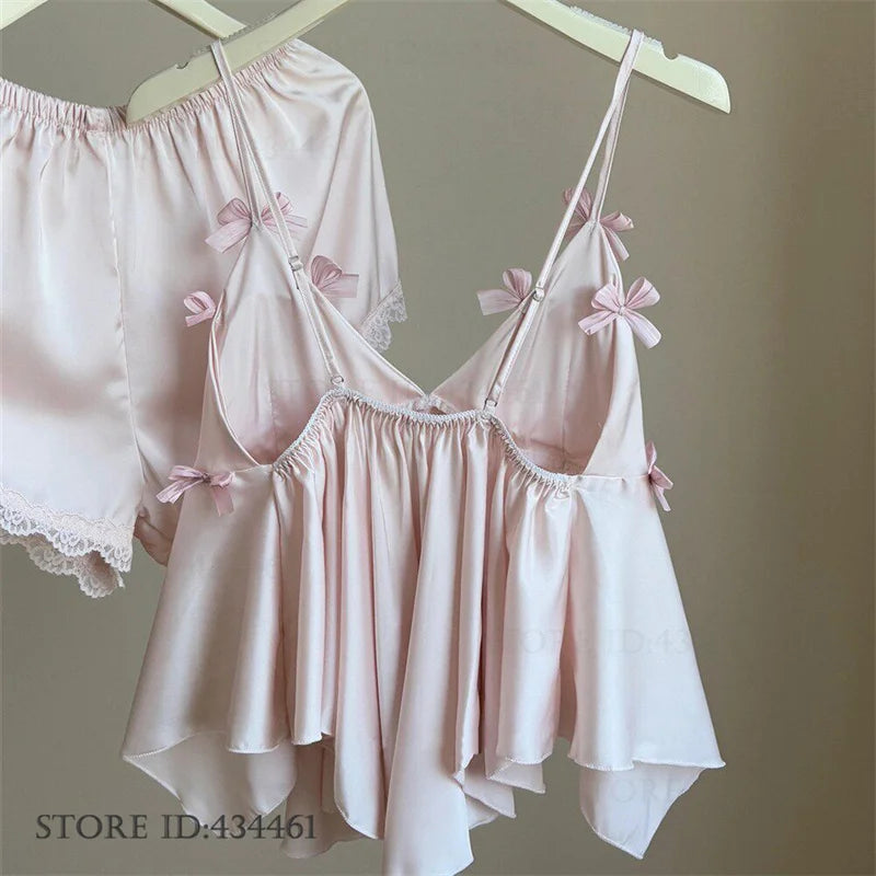 Sweet Bow Sexy Women's Lingerie 2PCS Pajamas Suit