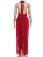 Velvet Halter Turtleneck Backless Mini Dress With Ruched Patchwork Tassel Hem