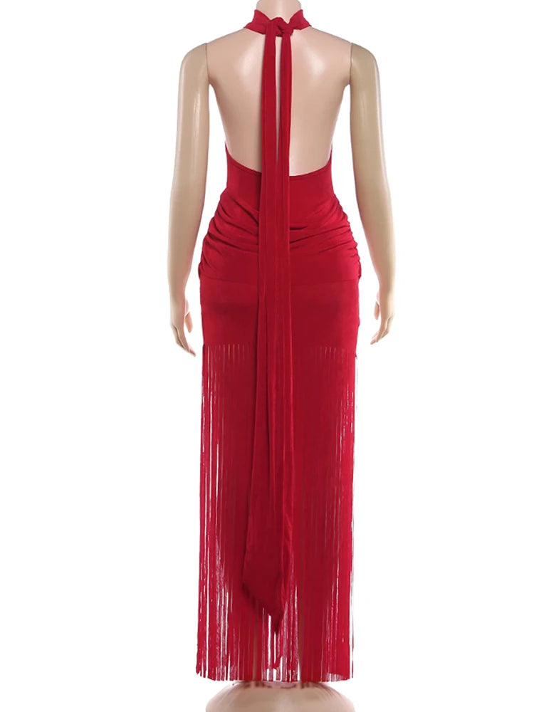 Velvet Halter Turtleneck Backless Mini Dress With Ruched Patchwork Tassel Hem
