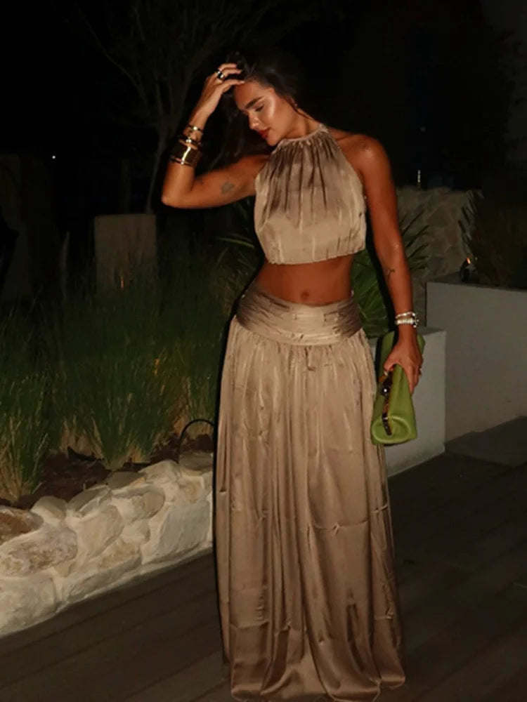 Champagne Satin Skirt Set For Women Halter Backless Crop Top And Maxi Pleated Skirt