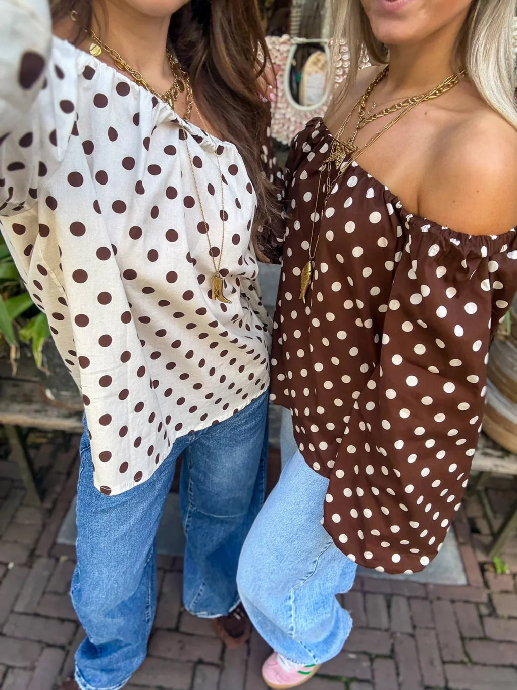 Vintage Polka Dot Off Shoulder Long Sleeve Top