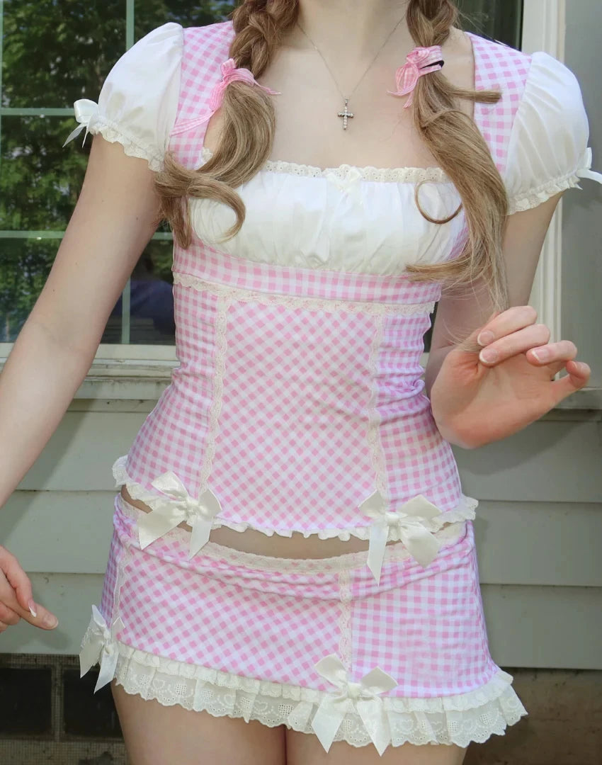 Gingham Milkmaid Two Piece Top and Plaid Mini Skirt Y2K Sweet Girl Dress Set