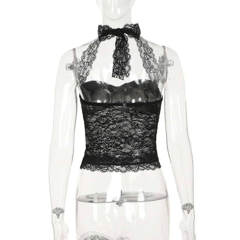 Elegant Lace Flora Halter Crop Top With Sheer Panel Lightweight Sleeveless Tank