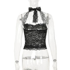 Elegant Lace Flora Halter Crop Top With Sheer Panel Lightweight Sleeveless Tank