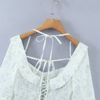 Floral Corset Style Crop Top With Cross Lacing And Ruffle Square Collar Three Quarter Sleeve