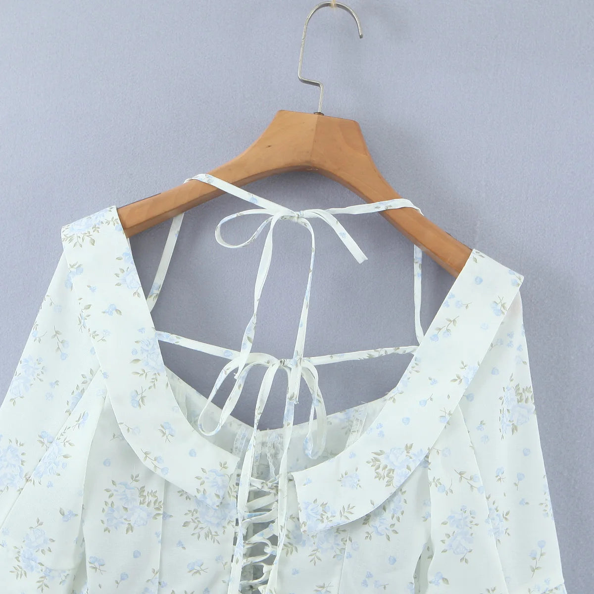 Floral Corset Style Crop Top With Cross Lacing And Ruffle Square Collar Three Quarter Sleeve