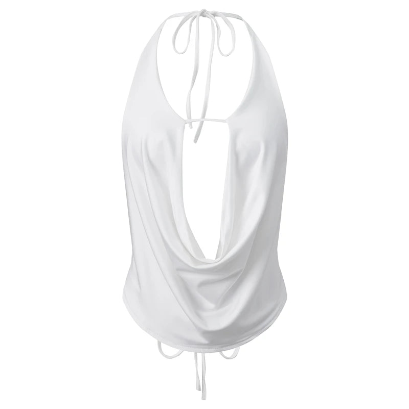Silky Satin Halter Crop Top With Cowl Neck Backless