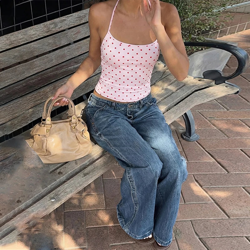 Polka Dot Halter Backless Crop Cami