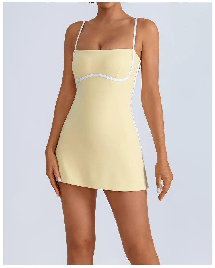 Women's Tennis Sleeveless Contrast Workout Yoga Build in Shorts Fashion Tight Fitting Skirts Suit