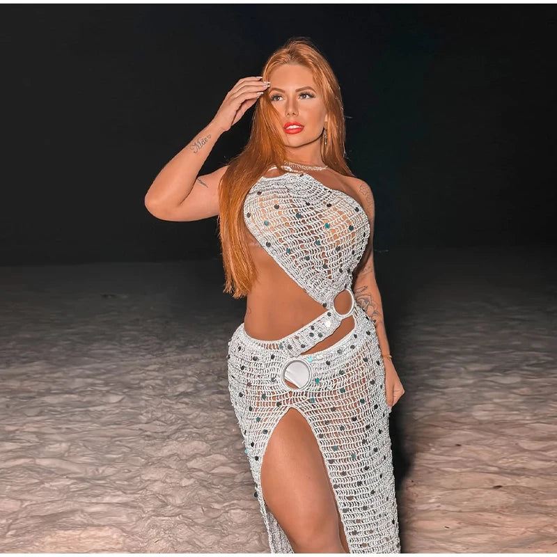 Sexy Sequin Hollow Out Knit Maxi Dress With One Shoulder Front Split Gown