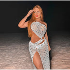 Sexy Sequin Hollow Out Knit Maxi Dress With One Shoulder Front Split Gown