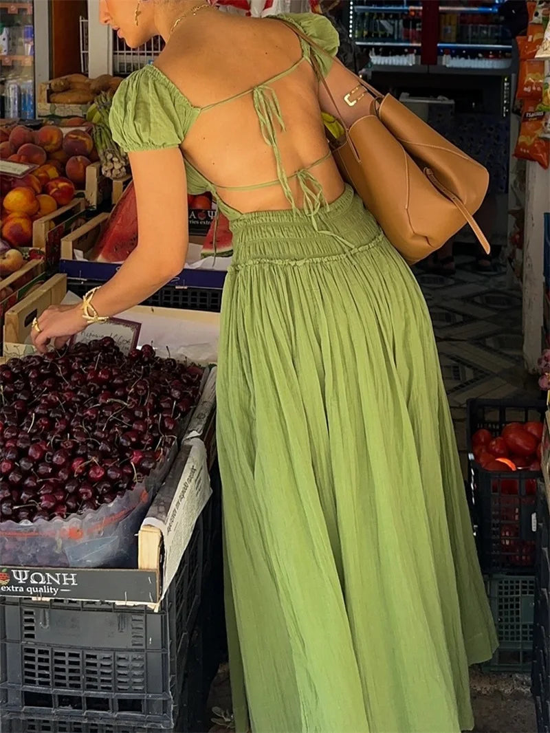 Vibrant Lace Up Back A Line Dress With Short Sleeves