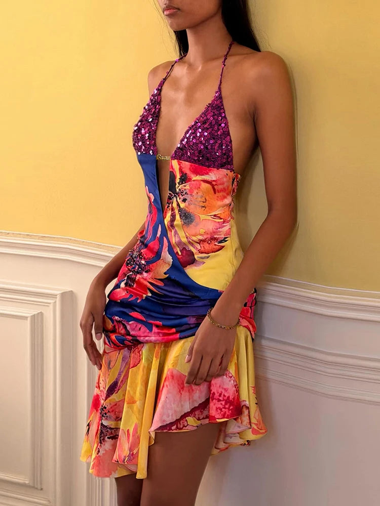 Vibrant Patchwork Sequin Halter Dress With Colorful Flower Print And Irregular Hem